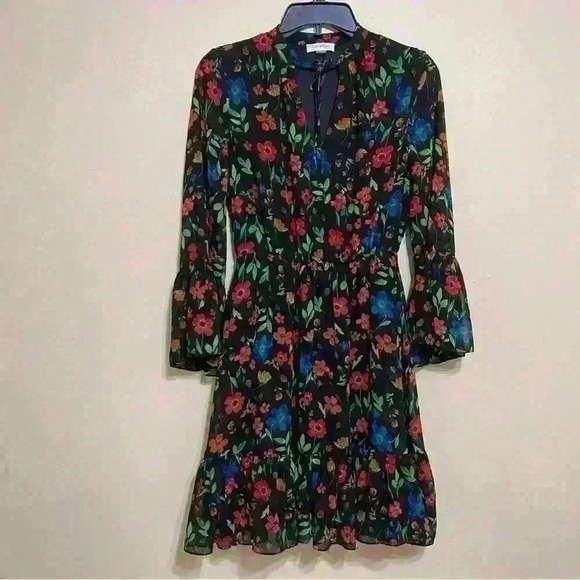 Calvin Klein Ruffle Bell Sleeve Floral Print Front Tie Dress Women Size 4 Spring - Picture 2 of 12